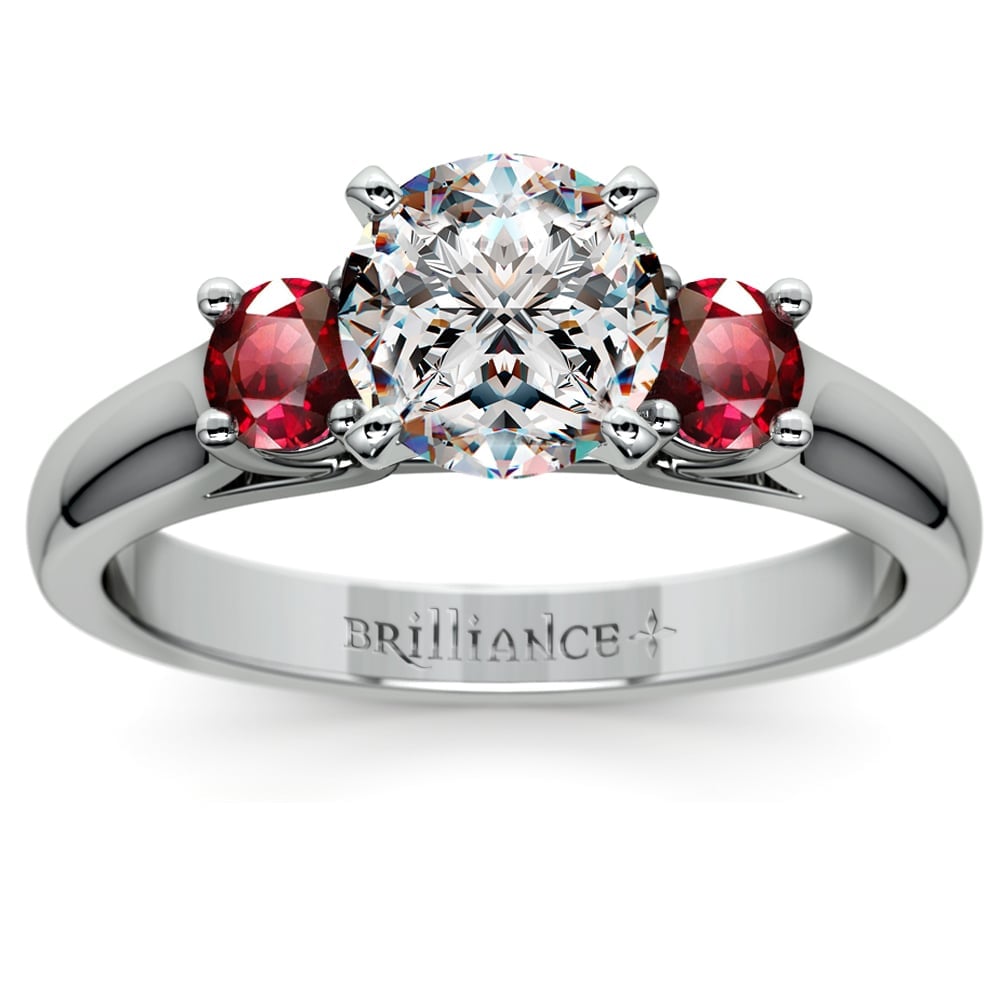 Diamond Engagement Ring With Ruby Side Stones In White Gold | 01