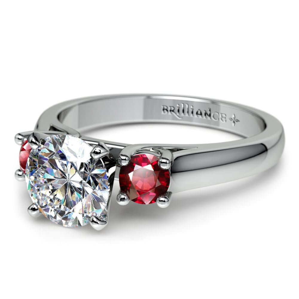 Diamond Engagement Ring With Ruby Side Stones In White Gold | 04