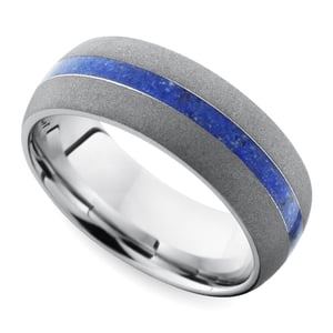 Mens Blue Lapis Inlay Wedding Ring In Cobalt With Sandblasted Finish