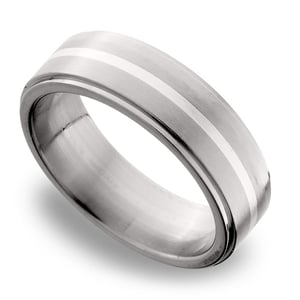 Stepped Edges Sterling Silver Inlay Men's Wedding Ring in Titanium (7mm)