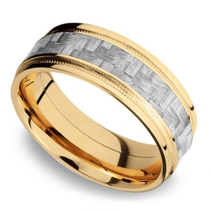 8mm Silver Carbon Fiber Inlay Mens Ring In Yellow Gold