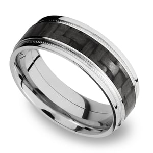 Carbon Fiber Inlay And 14K White Gold Mens Ring With Milgrain Detail