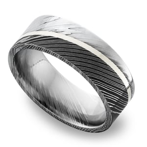Mens Sterling Silver Inlay And Damascus Steel Wedding Band