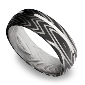 Zebra Stripe Damascus Steel And Sterling Silver Mens Ring