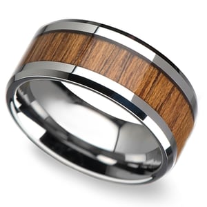 Wide Mens Tungsten Ring With Teak Wood Inlay - The Shoreline (10mm)