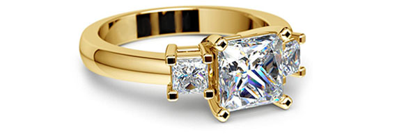 Princess Three Stone Yellow Gold Moissanite Engagement Ring