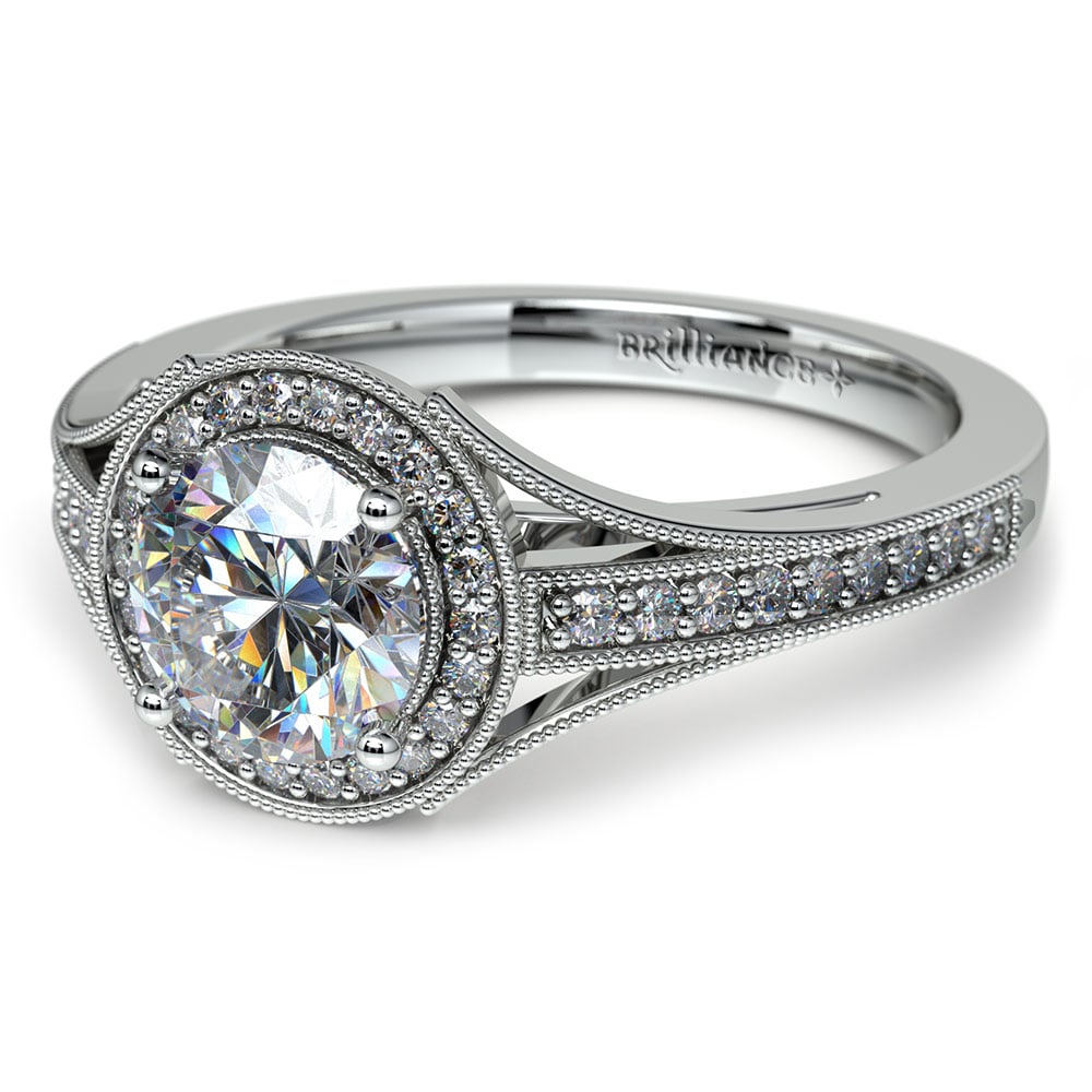 Vintage Style Milgrain Halo Engagement Ring In White Gold | 04