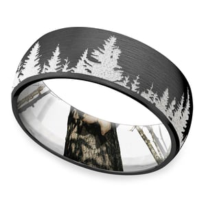 Mens Wedding Band With Mountains And Tree Carvings - Wintery Night