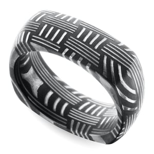 Square Damascus Steel Mens Wedding Ring With Woven Pattern